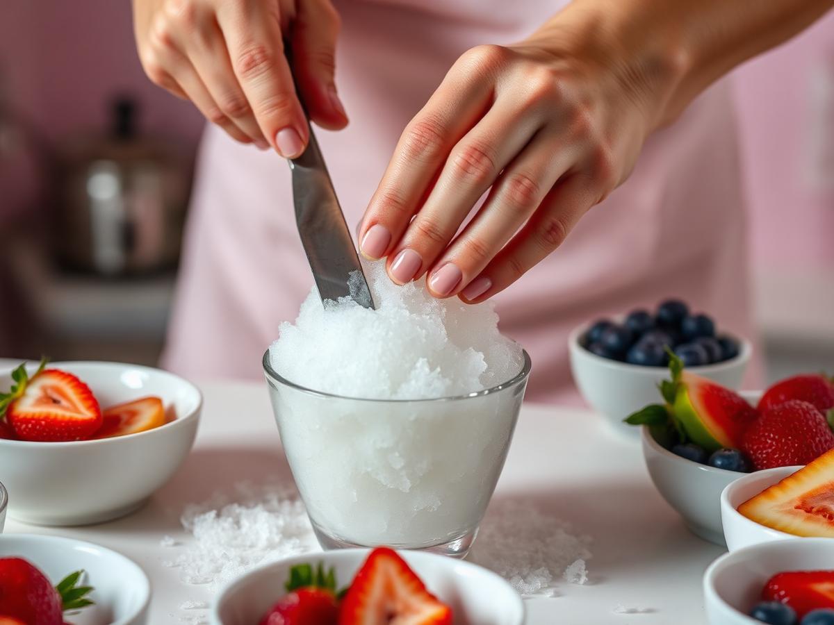 Shaving fresh Korean snow by hand with bowls of fresh fruit