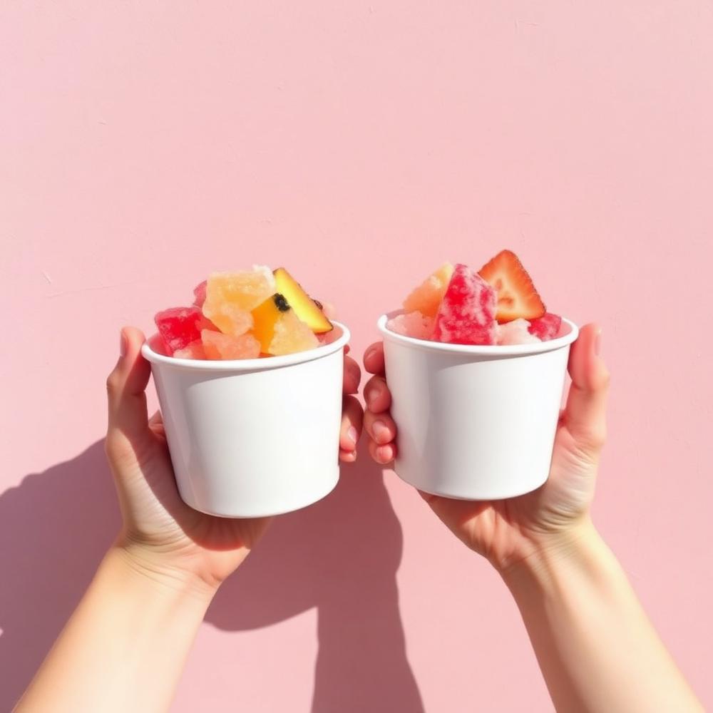 Two guests holding fruit shaved snow cups